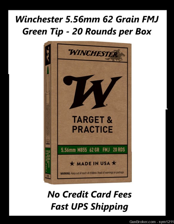 Winchester 5.56mm M855 62 Grain Green Tip FMJ 20 Rounds per Box  No CC Fees-img-0