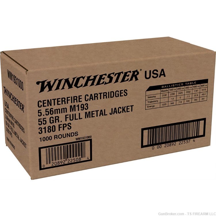 Winchester M193 Rifle Ammunition 5.56mm 55 gr. FMJ 3180 fps 1000/ct-img-0
