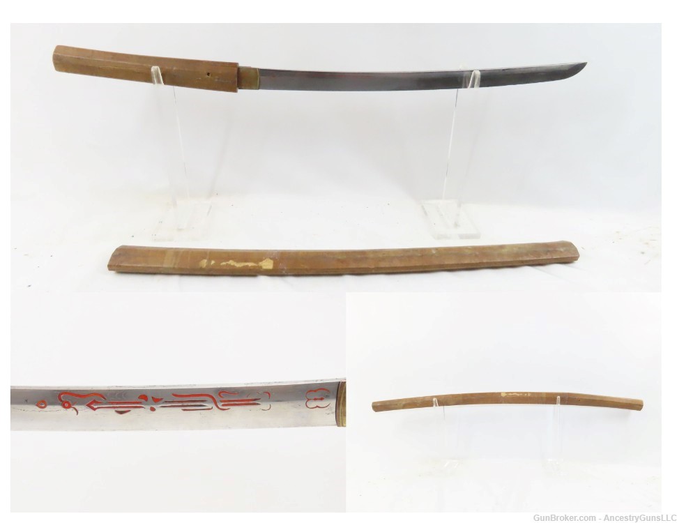 Signed JAPANESE Sword Blade with DECORATIVE CARVING and SHIRASAYA Fittings -img-1