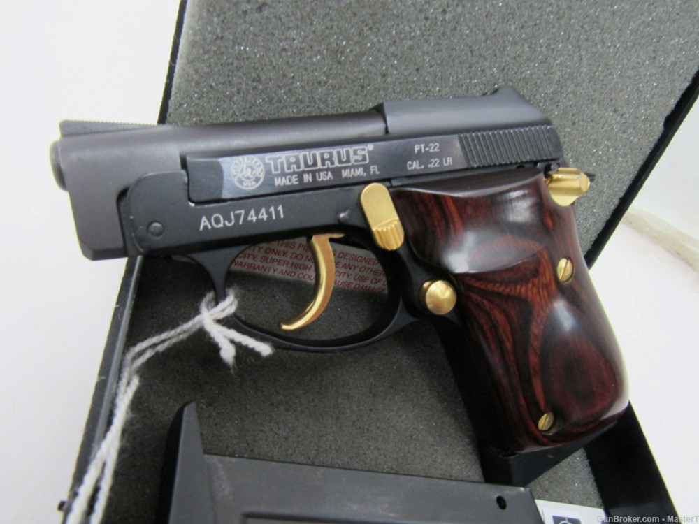 Rare Taurus PT-22 w/ Gold Accents Rosewood Grips in Box 2 mags 22LR-img-0