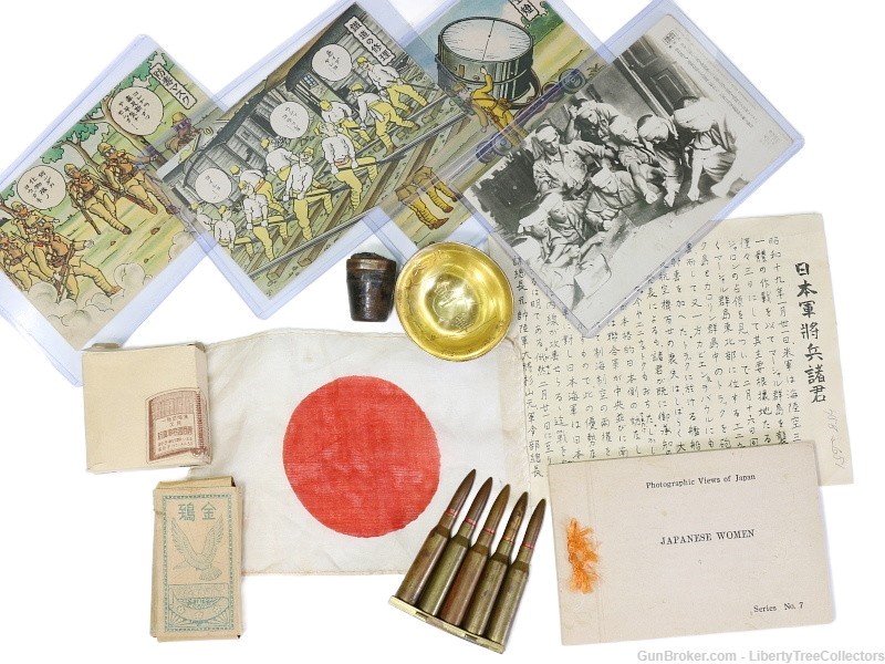 Japanese Soldiers Lot 6.5 Ammunition Sake Bowls Cigarettes Post Cards-img-0