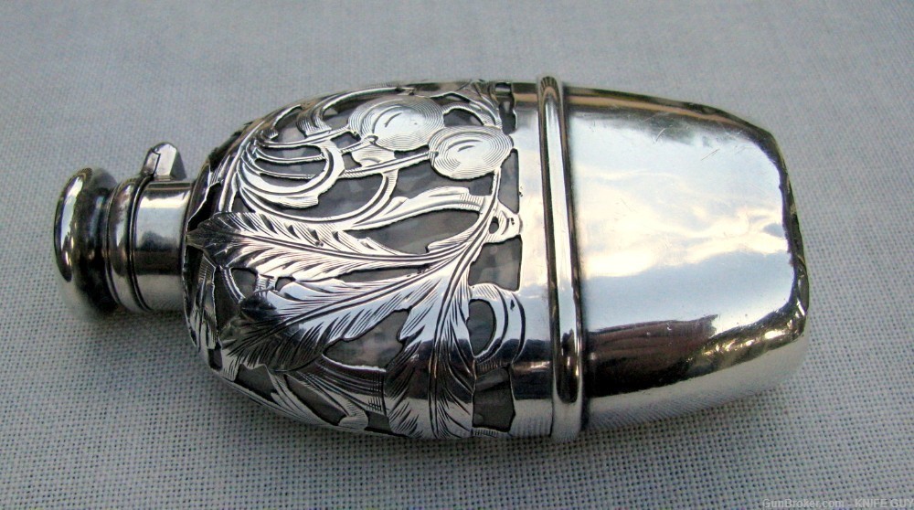 FINE STERLING FILIGREED ENGRAVED POCKET CHERRY BRANDY / WHISKEY FLASK 1890s-img-4