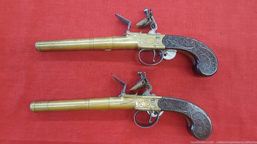 Cased Pair Of British Brass Barrel Turnoff Flintlock Boxlock Pistols-img-5