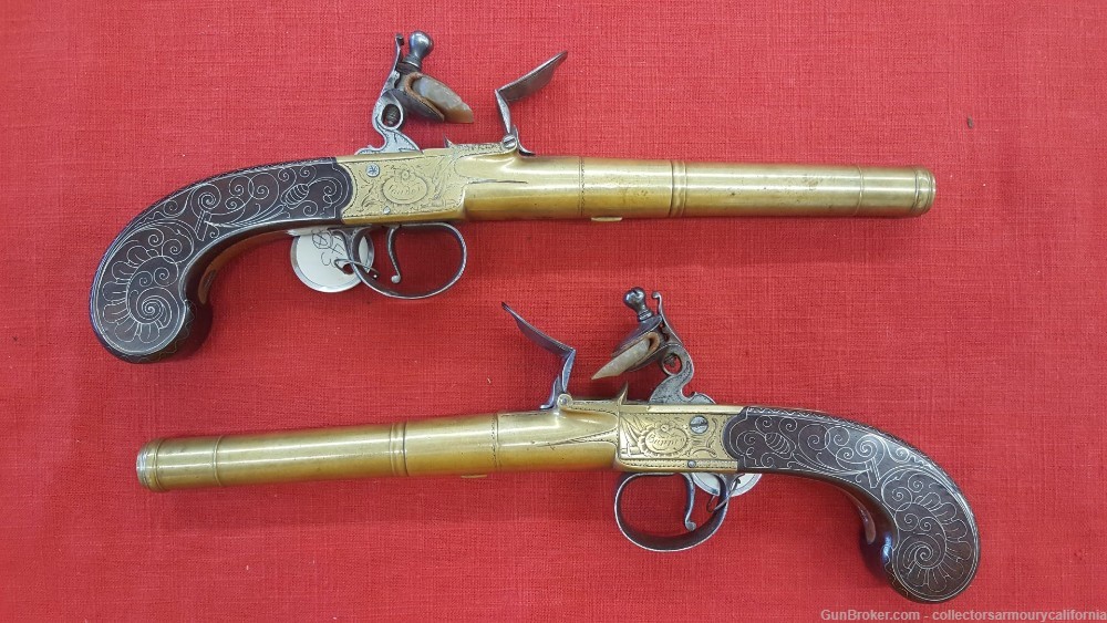 Cased Pair Of British Brass Barrel Turnoff Flintlock Boxlock Pistols-img-2