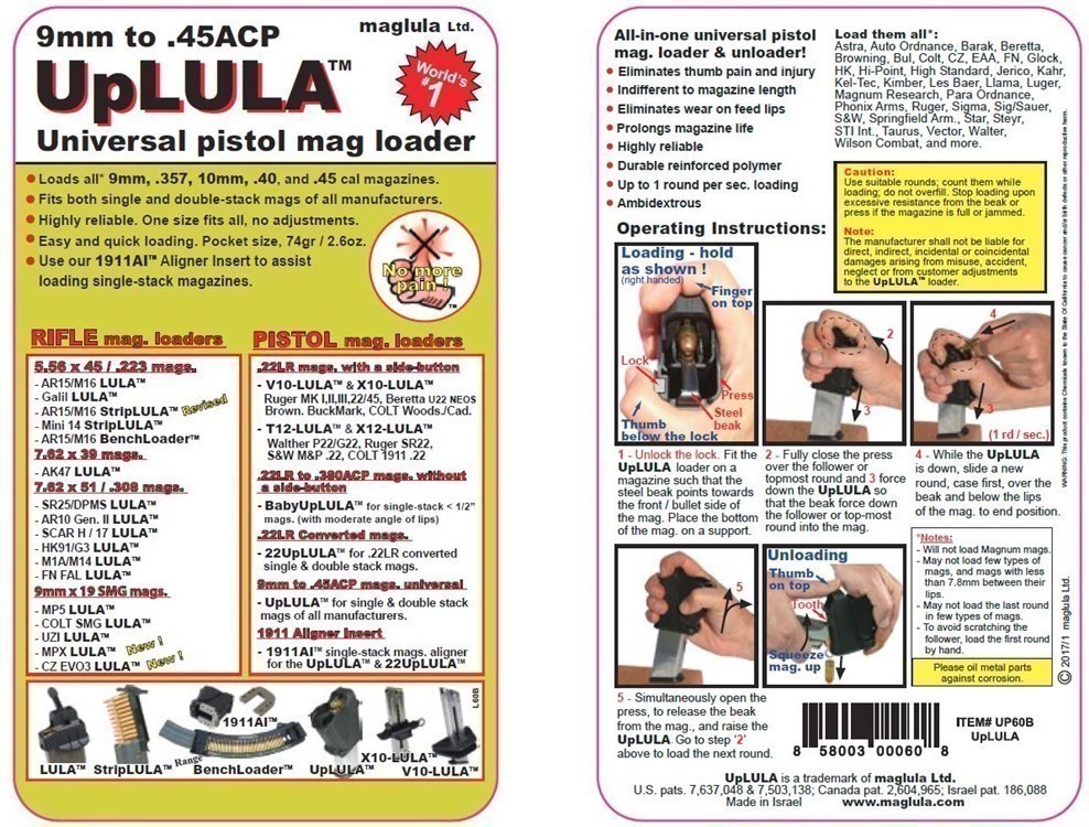 Maglula 9mm-45ACP Universal Pistol Mag Loader UP60B Black - FREE SHIP-img-2