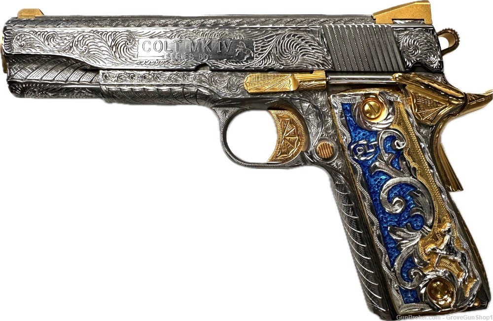 Colt 1911 Gov .45 acp 5" 7rd Stainless/Gold "DEEP ENGRAVED" O1070EU -img-0