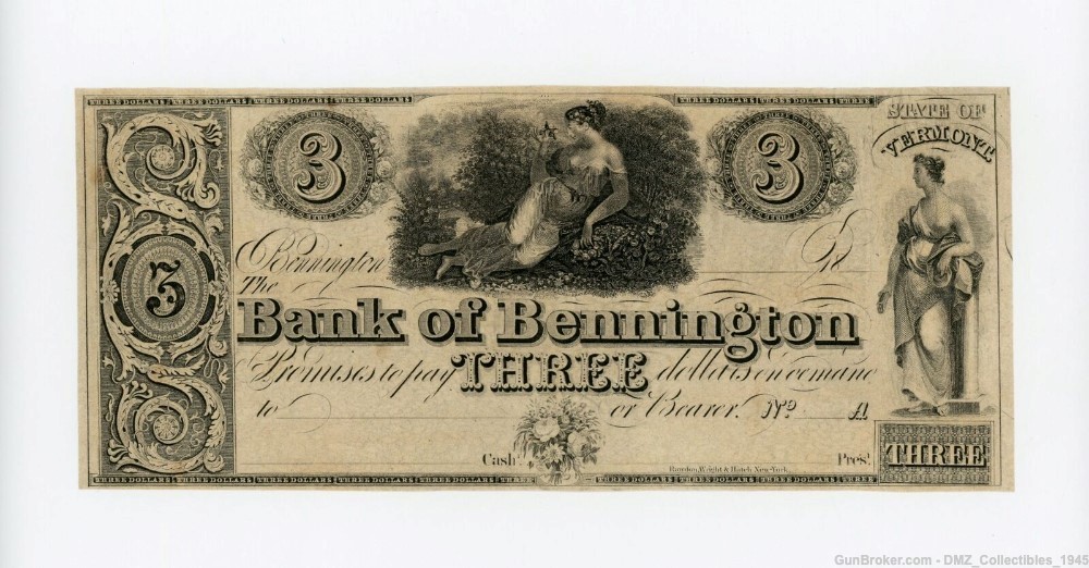1820s-40s $3 Vermont Bank Note Antique Money Currency-img-0