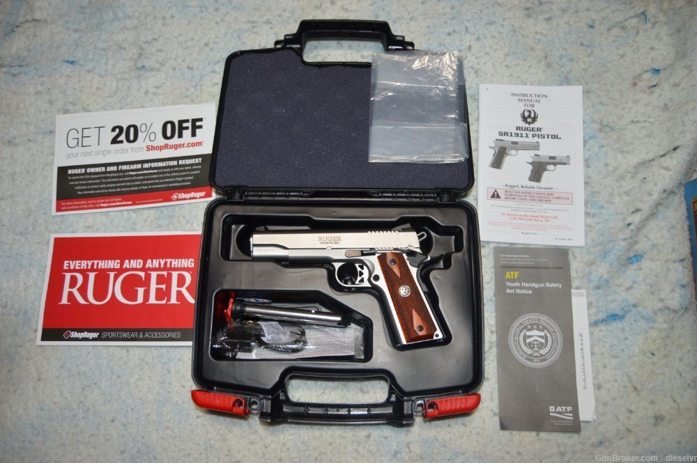 NIB Ruger SR1911 5" Government 45 ACP Stainless Wood Grips -img-0