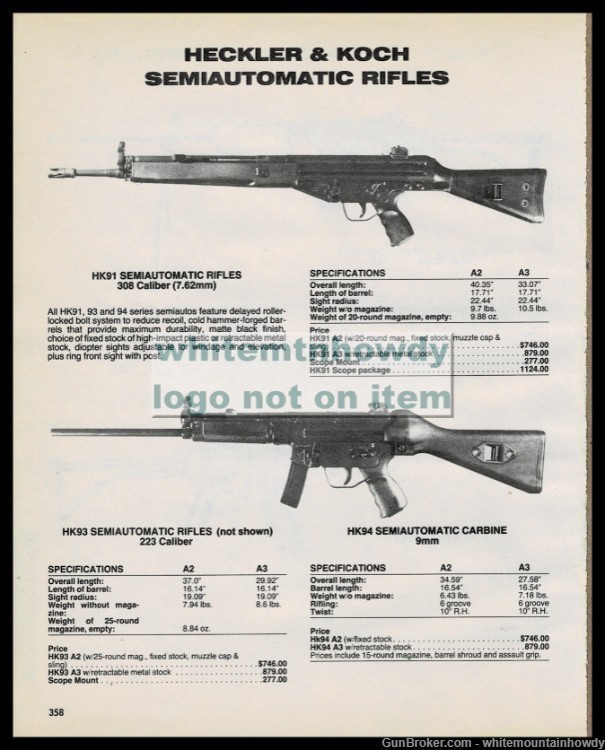 1988 HECKLER & KOCH HK 91 Semiautomatic Rifle HK94 9mm Carbine PRINT AD-img-0