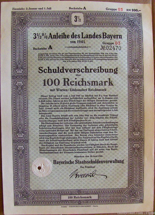 Germany, State of Bavaria.  100 RM bond, 1941 WWII. -img-0