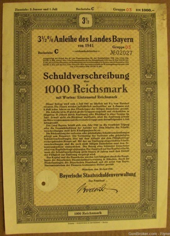 German 1000 REICHSMARKS bond, 1941. Land of Bavaria, WWII-img-0