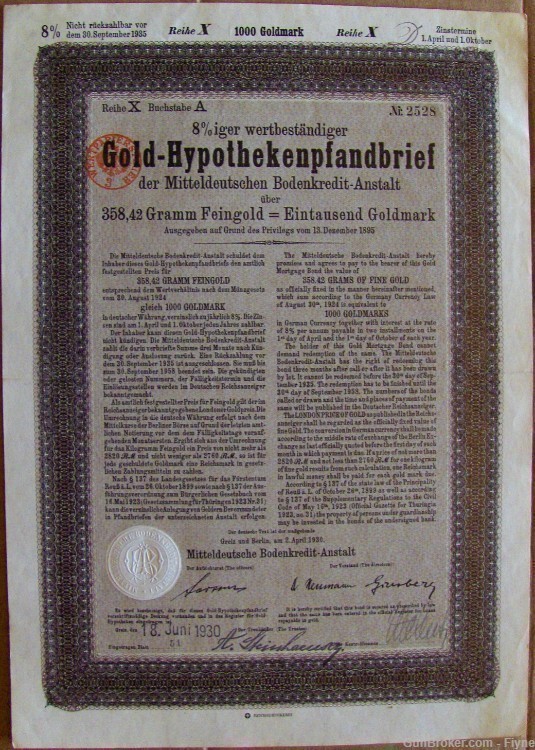 Germany. 8% Mortgage 1000 Gold Marks/ 358.42 gr Fine Gold bond. Berlin 1930-img-0