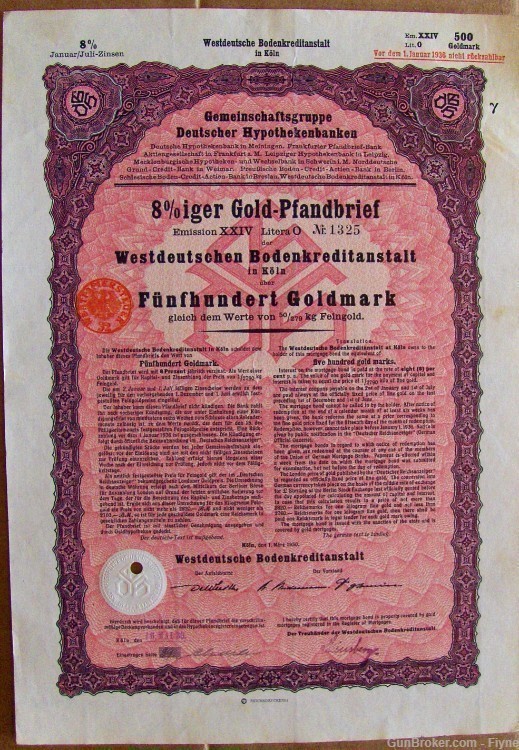 West Germany 8% Mortgage. 500 Gold Marks bond.  Köln1930-img-0