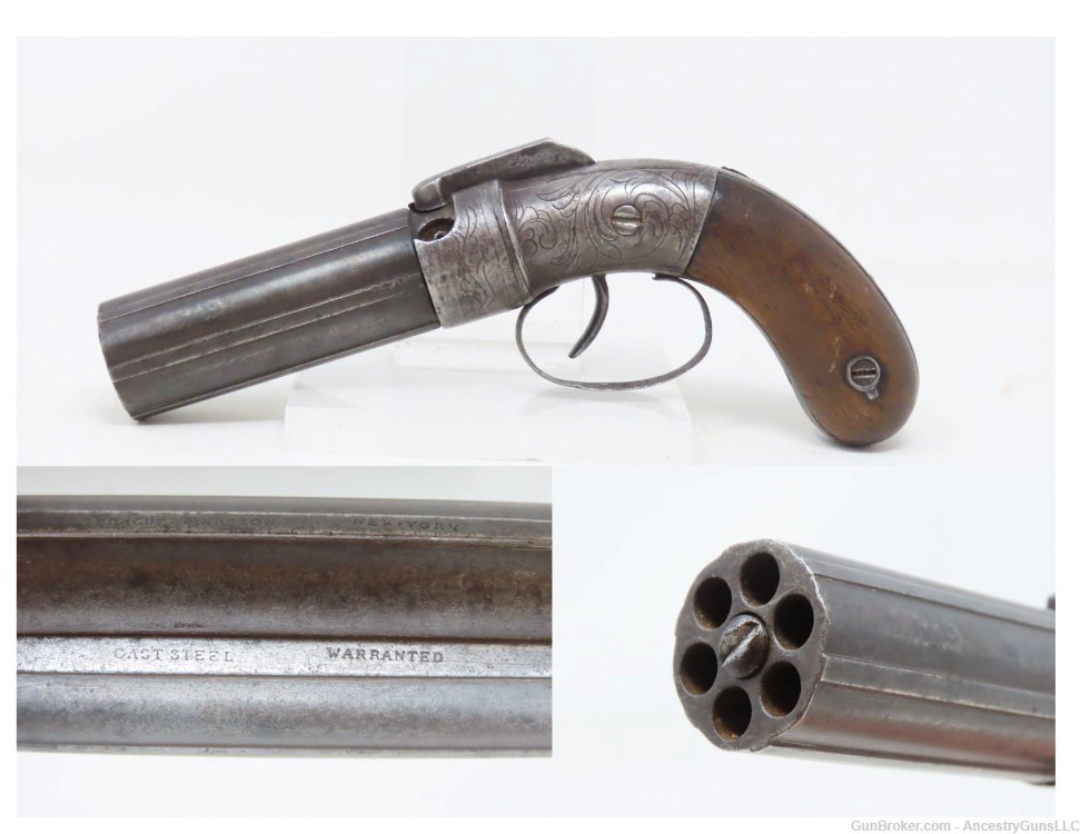 ENGRAVED Rare GOLD RUSH Era Antique SPRAGUE & MARSTON Pepperbox Revolver   -img-0