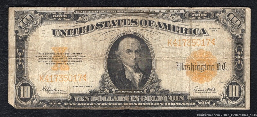 US 1922 $10 Gold Certificate Dollar Bill Note Currency-img-0