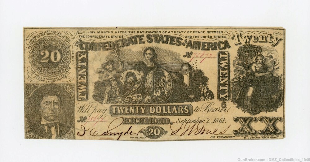 Civil War 1861 Confederate States of America $20 Bill Note Currency-img-0