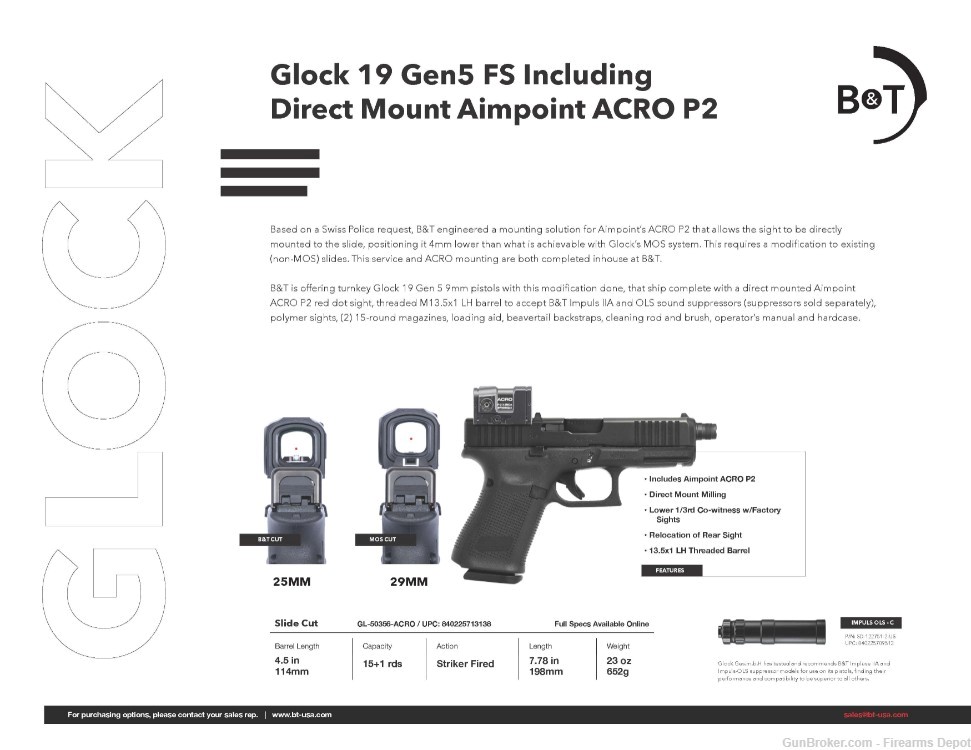 GLOCK G19  Gen 5 9mm Custom G19  by B&T  Mounted ACRO P-2 Suppressor ready!-img-0