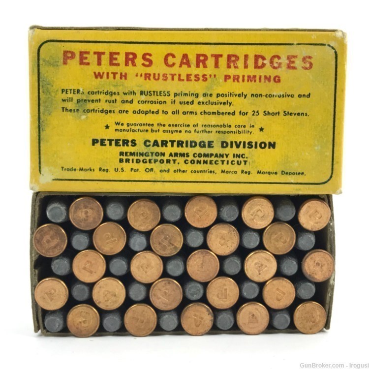 1930s Peters 25 Short Stevens Lead Bullet FULL 50 Rounds Vintage Box 958-TS-img-1