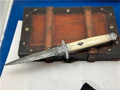 New Custom hand made switchblade One of a kind Mosaic Damascus 