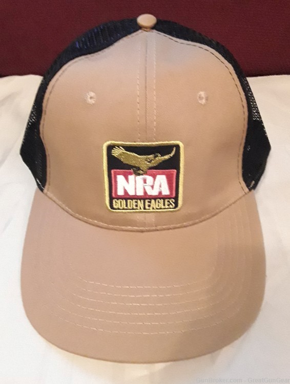 NRA National Rifle Association Golden Eagles Tan&Blue Trucker Mesh Cap Hat-img-0