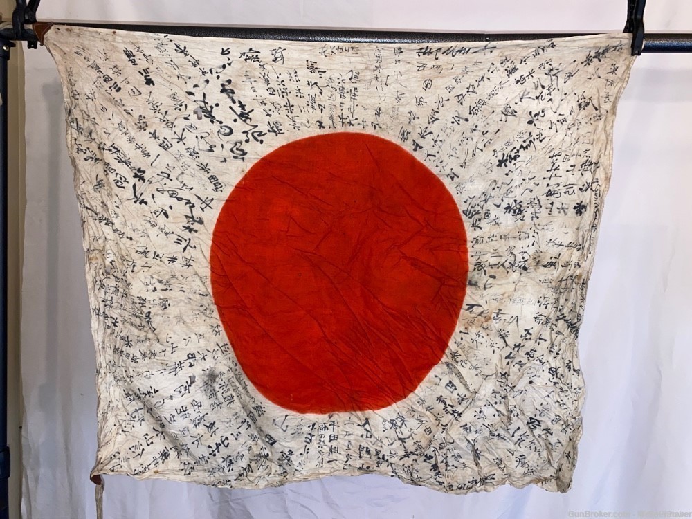 JAPANESE WWII FULL KANJI MEATBALL SOLDIERS GOOD LUCK FLAG WITH TIES-img-19
