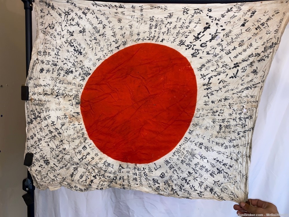 JAPANESE WWII FULL KANJI MEATBALL SOLDIERS GOOD LUCK FLAG WITH TIES-img-6