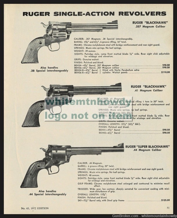 1972 RUGER Blackhawk .257 & .42 Magnum, Super .44 mag Revolver PRINTAD-img-0