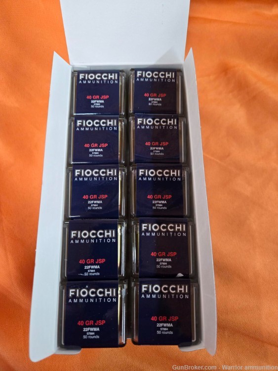 500 rds Fiocchi .22 Win. Mag 40 grain JSP Jacketed Soft Point 1910 FPS-img-0