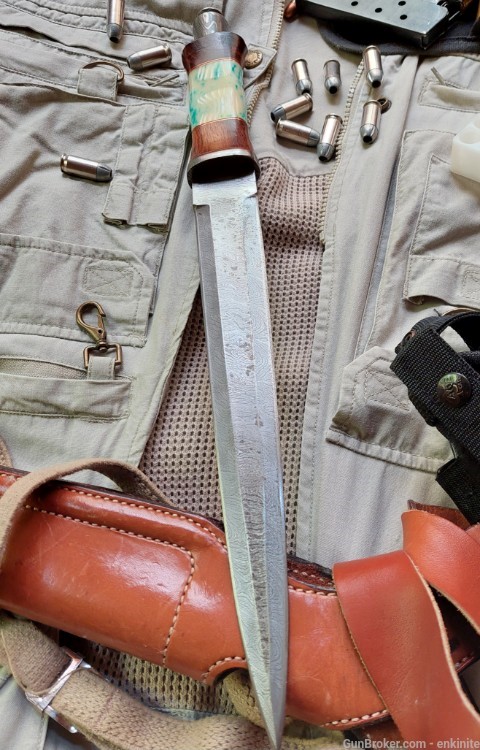 18" Double Edged Damascus Steel Dagger, Short Sword + Leather Sheath-img-0