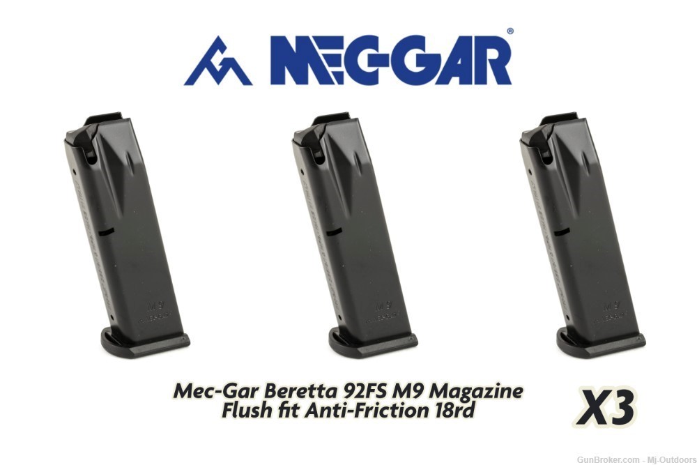 Mec-Gar Beretta 92FS M9 Magazine Flush fit Anti-Friction Mecgar 18rd 3 Pack-img-0