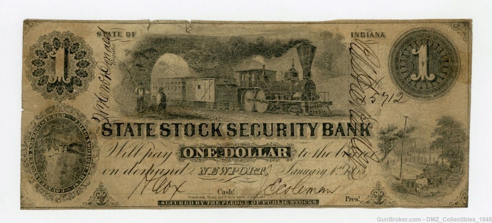 1850s $1 Indiana Bank Note Bill Currency Money-img-0