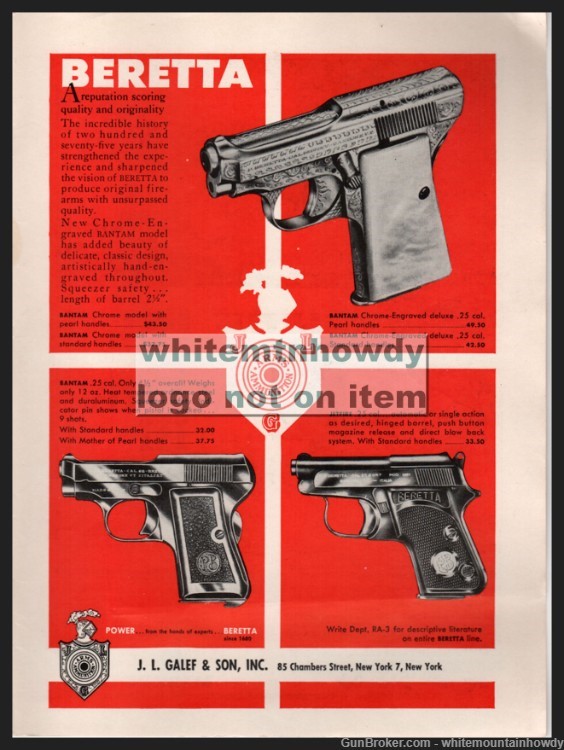 1955 BERETTA Bantam Chrome Engraved, Bantam & .25 Pistol JL Galef PRINT AD-img-0