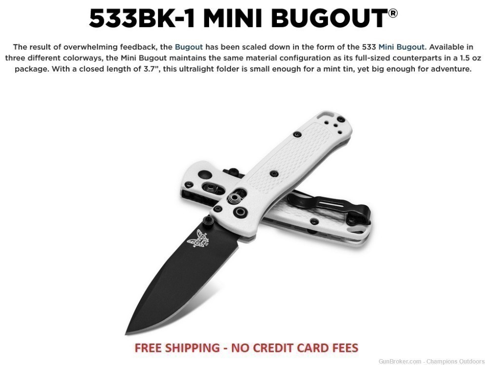 FREE SHIPPING - BENCHMADE 533BK-1 MINI BUGOUT FOLDING KNIFE -img-0