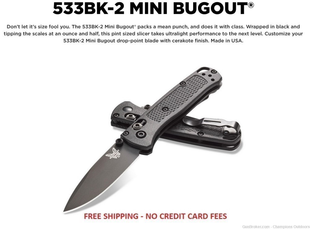 FREE SHIPPING - BENCHMADE 533BK-2 MINI BUGOUT Folding Knife-img-0