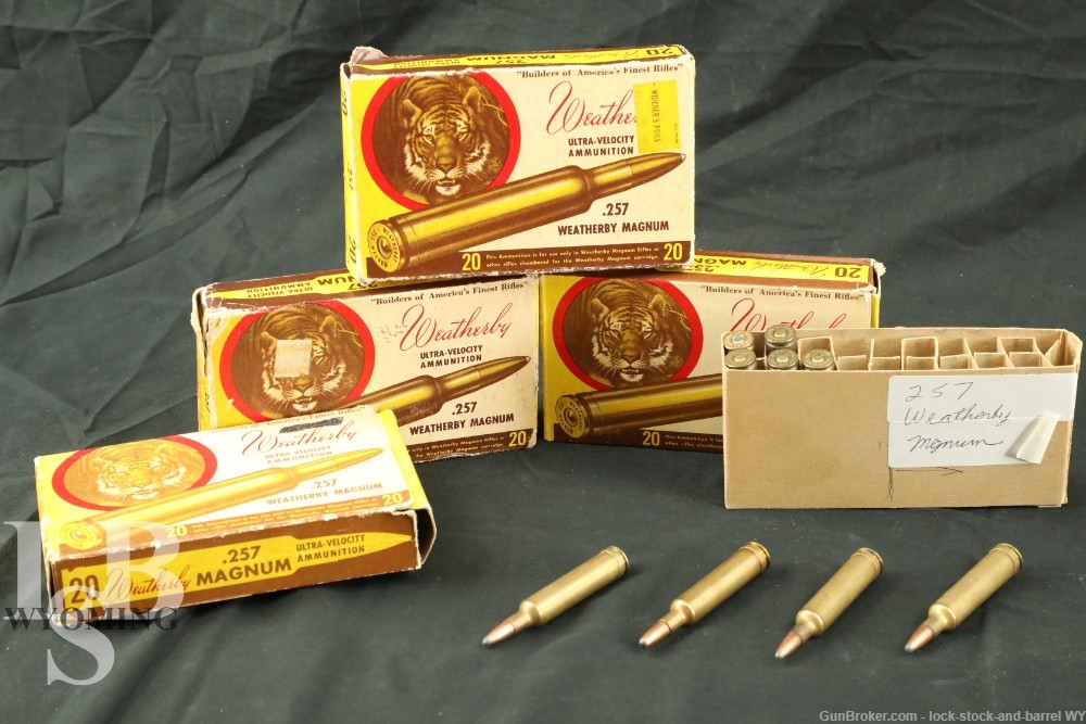 69x Vintage Weatherby .257 Wby. mag 87/100/117 Gr. SP Reloaded Ammo -img-0