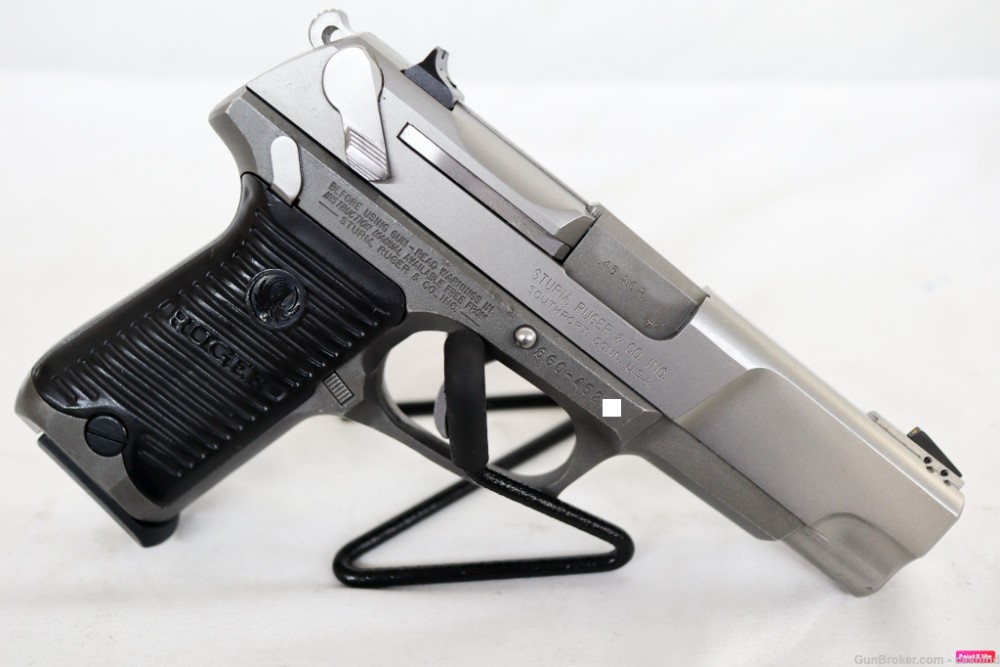 1995 Ruger P90 .45ACP 4.5” Stainless Steel S.Auto Pistol – Black Grips -img-1