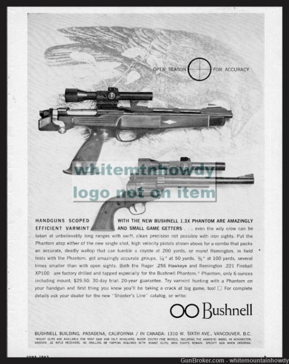 1963 REMINGTON XP100 .221 Fireball RUGER Hawkeye Revolver Bushnell Scope AD-img-0