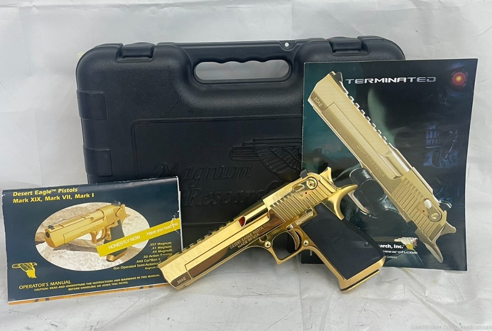 MAGNUM RESEARCH .50 AE DESERT EAGLE IN GOLD PLATED W/CASE!-img-0