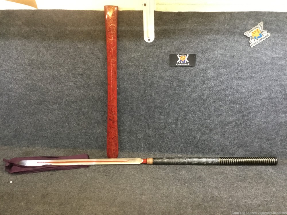 Japanese Omiyari "Yari" (Spear) with cover and Decorated sheath. Full Tang-img-1