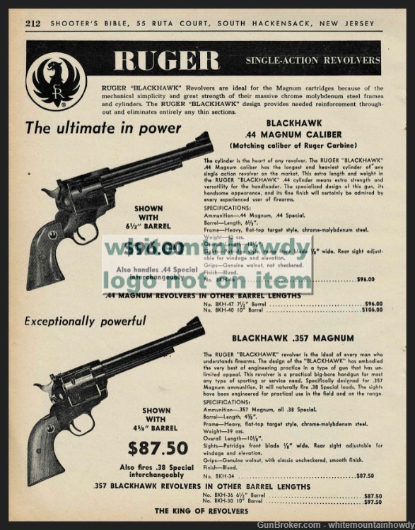 1963 RUGER Blackhawk .44 and .35 Magnum Revolver Original PRINT AD-img-0