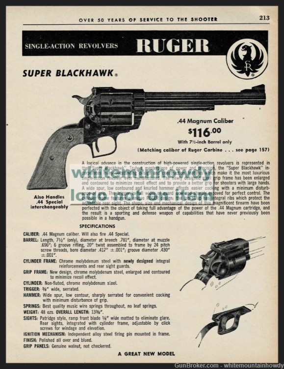 1963 RUGER Super Blackhawk .44 Magnum Revolver PRINT AD-img-0