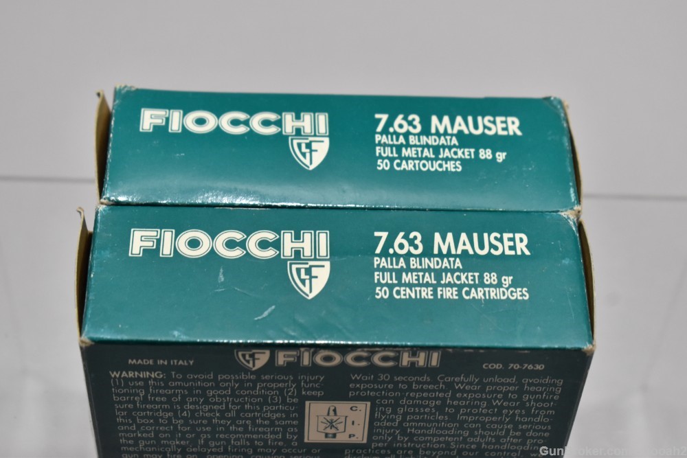 2 Boxes 100 Rds Fiocchi 7.63 Mauser 7.63x25mm 88 G FMJ-img-1