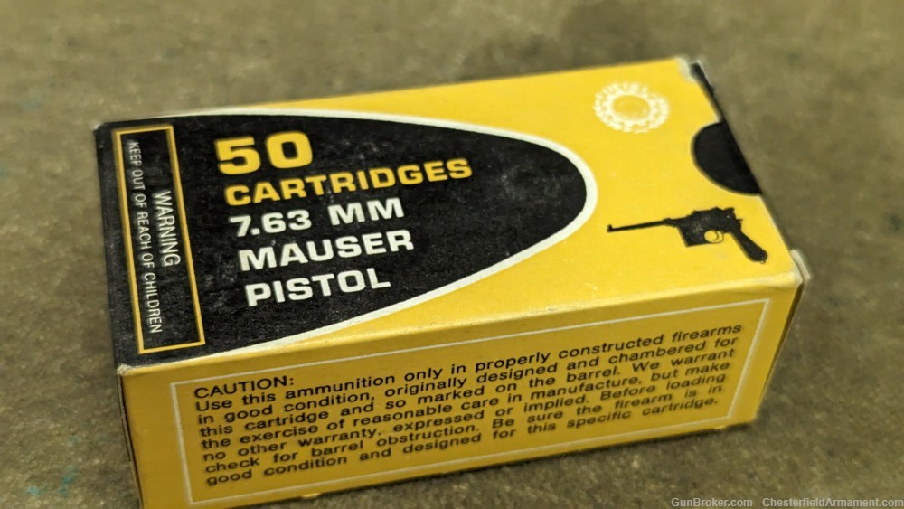 Vintage Century 7.63 Mauser ammo, FNM (Port) made,  50 round box, -img-0