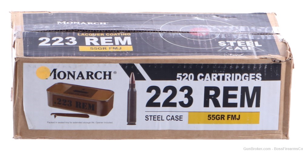Monarch .223 Rem 55gr Lacquer Coated Steel FMJ Spam Can 520rd Sealed(JFM)-img-0