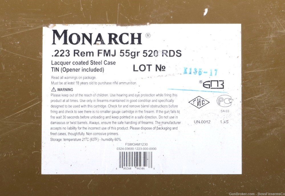 Monarch .223 Rem 55gr Lacquer Coated Steel FMJ Spam Can 520rd w/No Box(JFM)-img-2