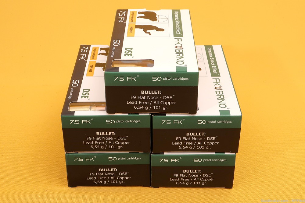 5 Boxes (250 Rounds) FK Brno 7.5 FK F9 Flat Nose - DSE - Lead Free - 101 Gr-img-1