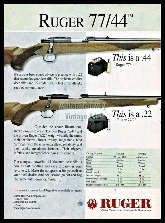1998 RUGER 77/44 Bolt-Action Rifle Vintage PRINT AD w/ specs-img-0