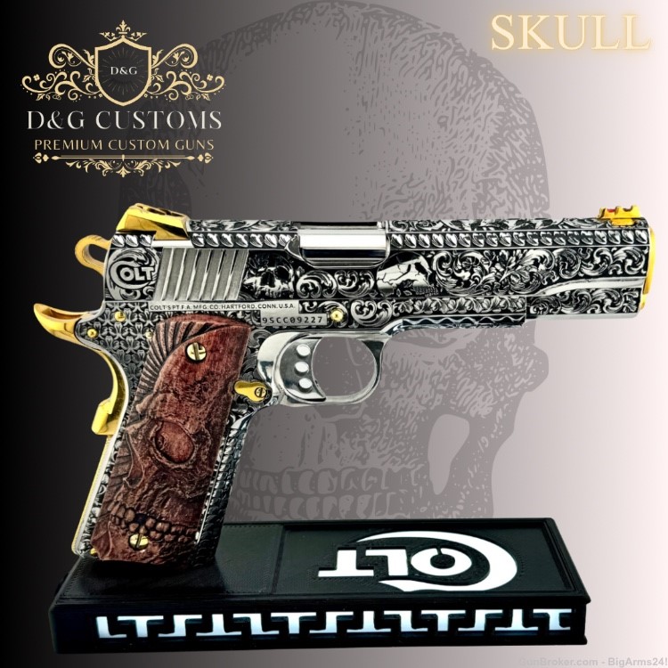 Skull Engraved Colt 1911 9mm w/ custom rosewood grips-img-1