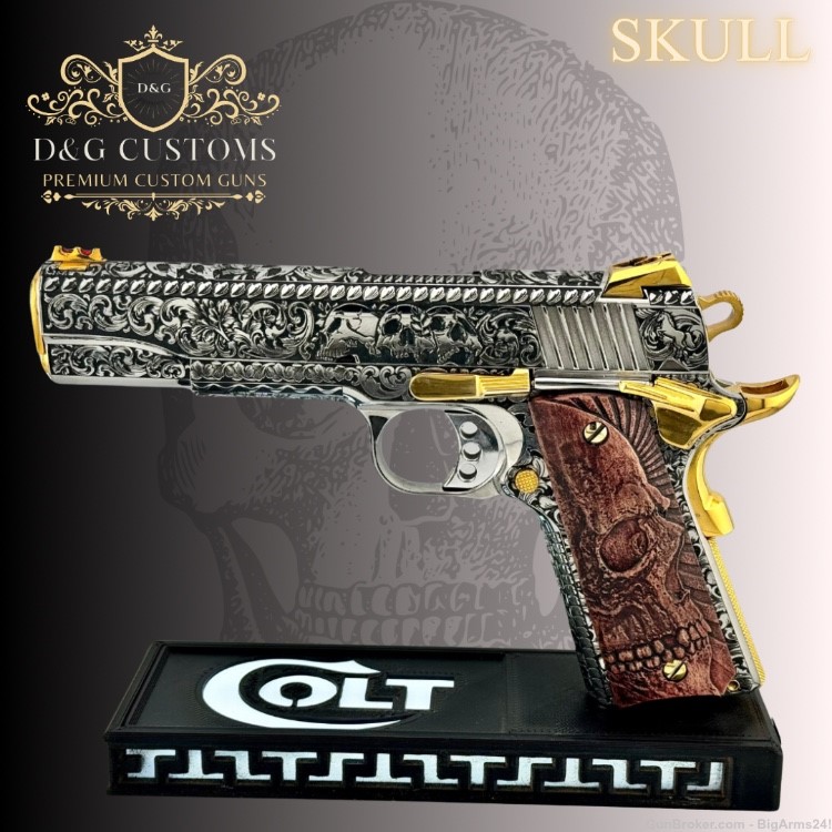 Skull Engraved Colt 1911 9mm w/ custom rosewood grips-img-0