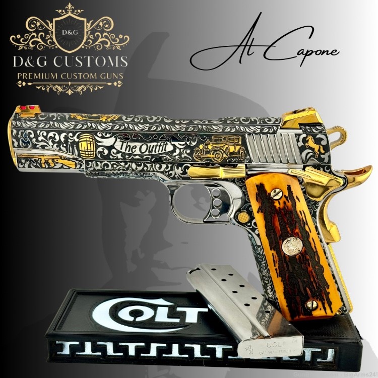 Al Capone Custom Engraved Colt 1911 9mm w/ custom stag grips -img-3